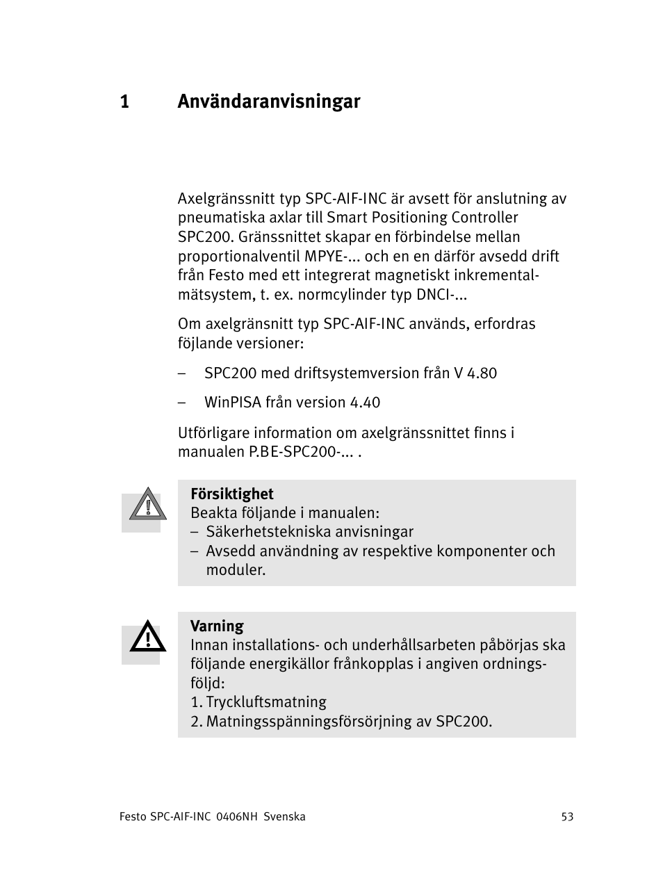 Svenska, 1användaranvisningar svenska | Festo Интерфейс привода SPC-AIF User Manual | Page 53 / 62