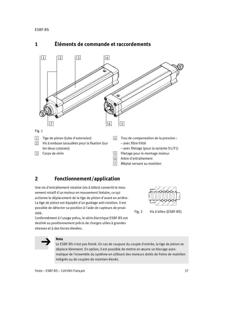 1 éléments de commande et raccordements, 2 fonctionnement/application, 1éléments de commande et raccordements | 2fonctionnement/application | Festo Электроцилиндр ESBF User Manual | Page 37 / 72