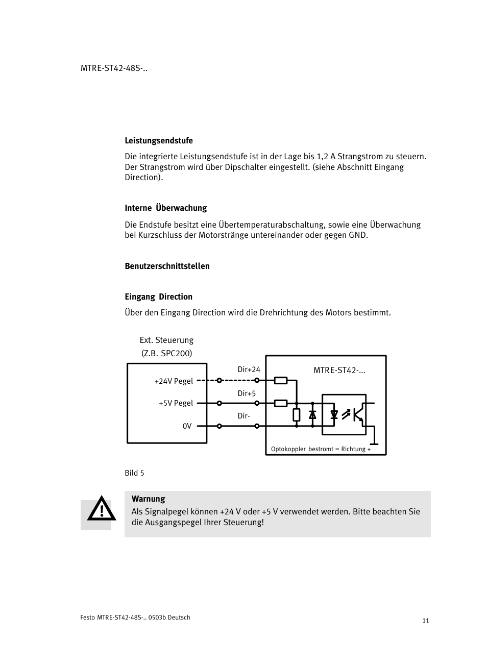 Leistungsendstufe, Interne überwachung, Benutzerschnittstellen | Eingang direction | Festo Шаговые моторы MTRE-ST User Manual | Page 11 / 140