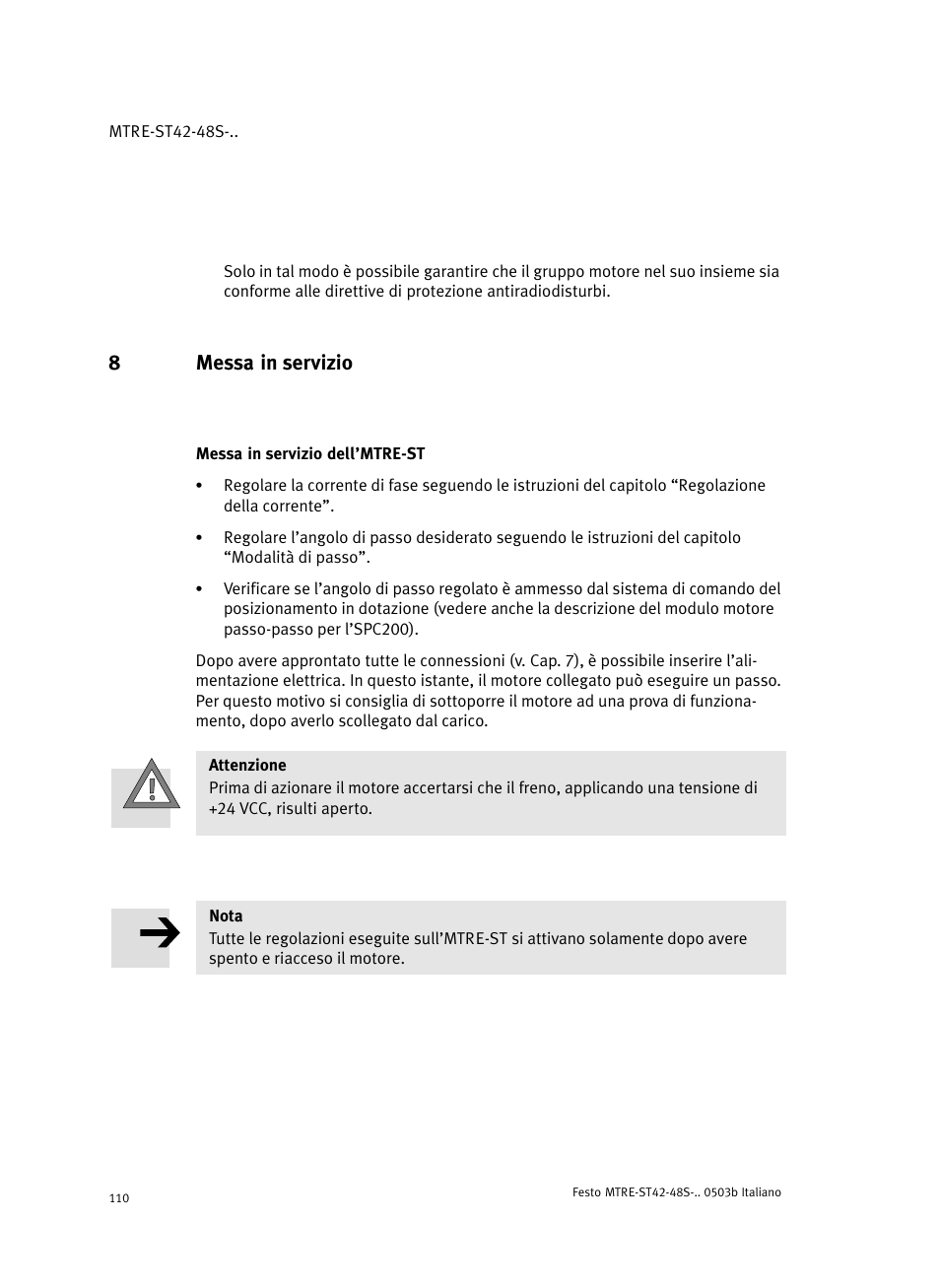 8 messa in servizio, Messa in servizio dell'mtre-st, 8messa in servizio | Festo Шаговые моторы MTRE-ST User Manual | Page 110 / 140