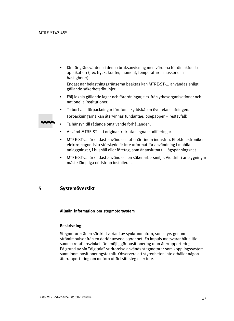 5 systemöversikt, Allmän information om stegmotorsystem, Beskrivning | 5systemöversikt | Festo Шаговые моторы MTRE-ST User Manual | Page 117 / 140