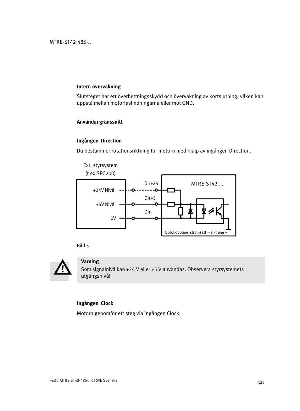 Intern övervakning, Användargränssnitt, Ingången direction | Ingången clock | Festo Шаговые моторы MTRE-ST User Manual | Page 123 / 140