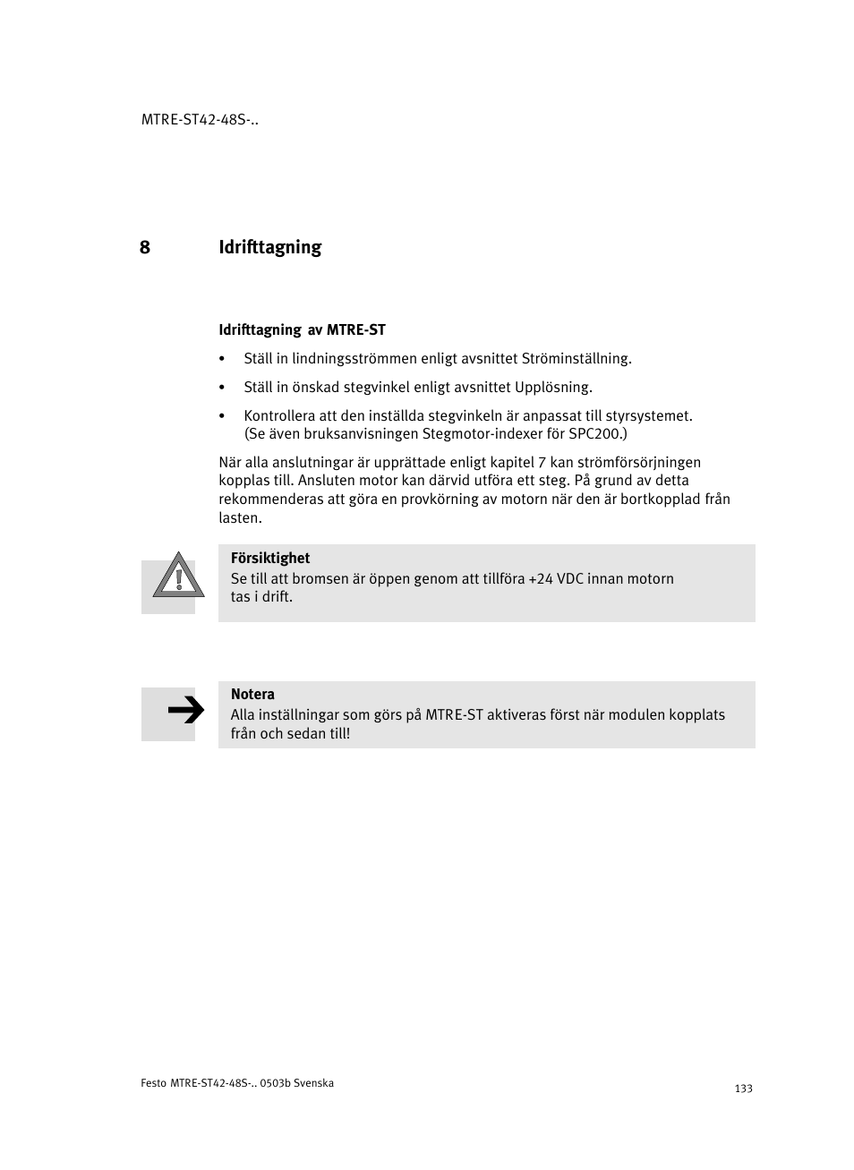 8 idrifttagning, Idrifttagning av mtre-st, 8idrifttagning | Festo Шаговые моторы MTRE-ST User Manual | Page 133 / 140