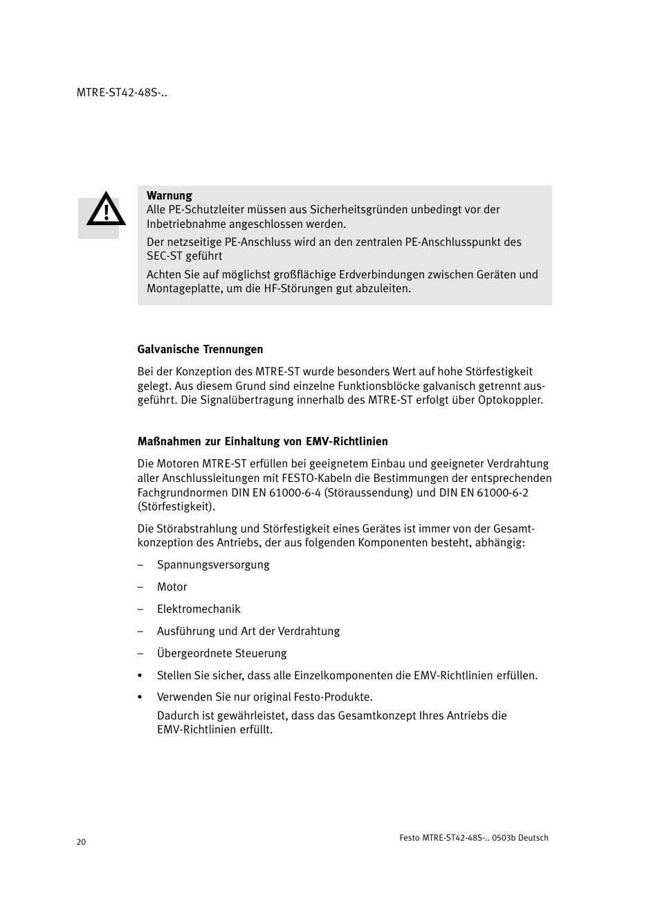 Galvanische trennungen, Maßnahmen zur einhaltung von emv-richtlinien | Festo Шаговые моторы MTRE-ST User Manual | Page 20 / 140