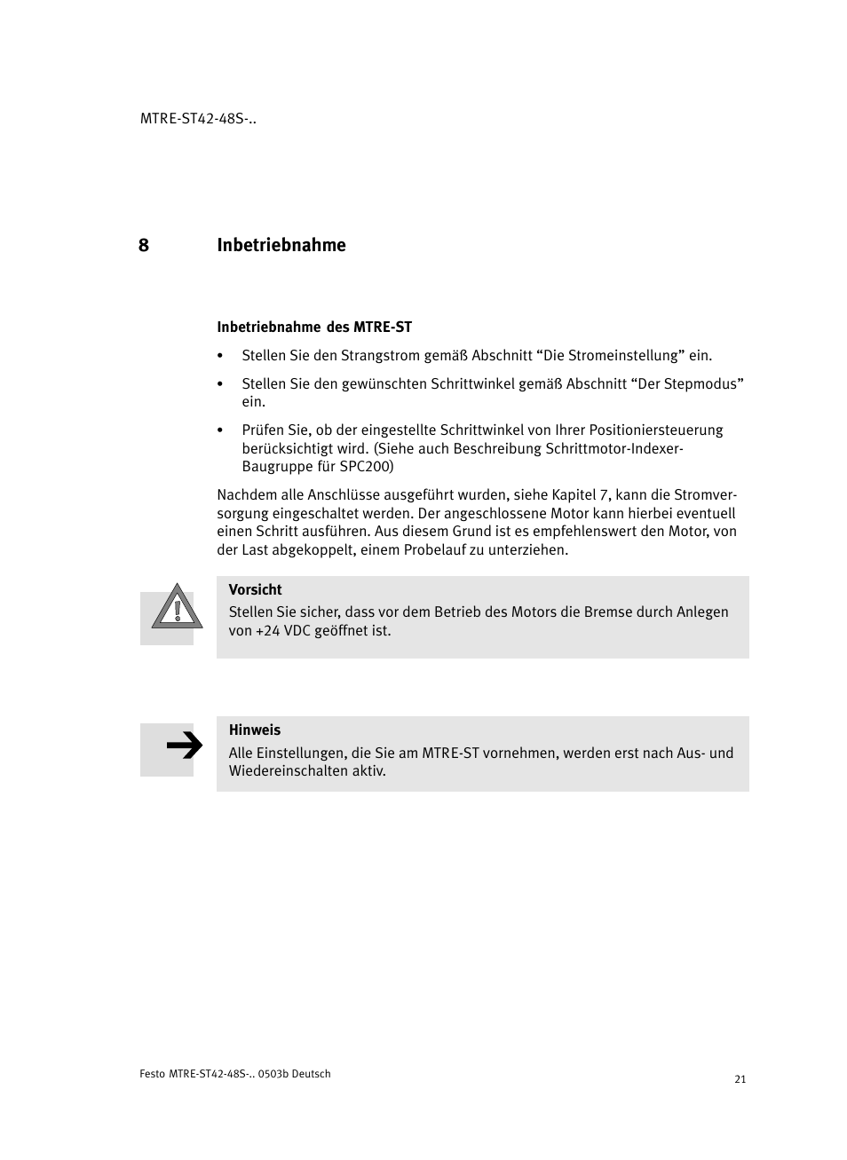 8 inbetriebnahme, Inbetriebnahme des mtre-st, 8inbetriebnahme | Festo Шаговые моторы MTRE-ST User Manual | Page 21 / 140