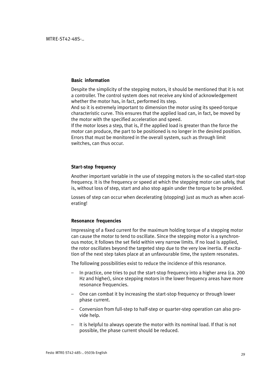 Basic information, Start-stop frequency, Resonance frequencies | Festo Шаговые моторы MTRE-ST User Manual | Page 29 / 140
