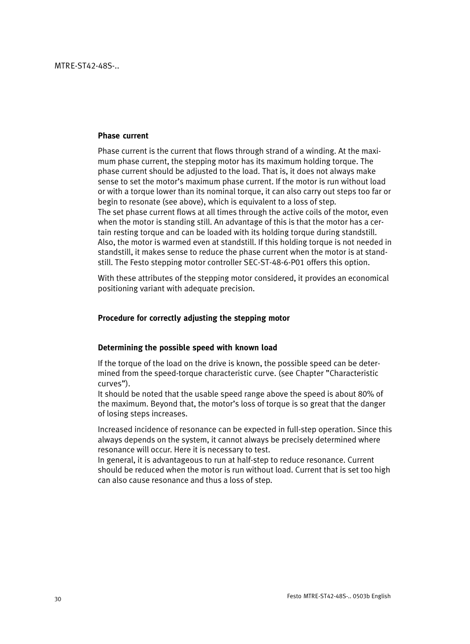 Phase current, Determining the possible speed with known load | Festo Шаговые моторы MTRE-ST User Manual | Page 30 / 140