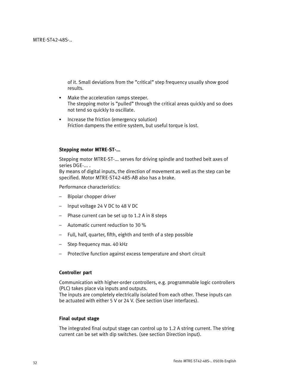 Stepping motor mtre-st, Controller part, Final output stage | Festo Шаговые моторы MTRE-ST User Manual | Page 32 / 140