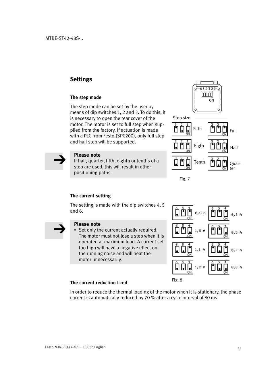 Settings, The step mode, The current setting | The current reduction i-red | Festo Шаговые моторы MTRE-ST User Manual | Page 35 / 140