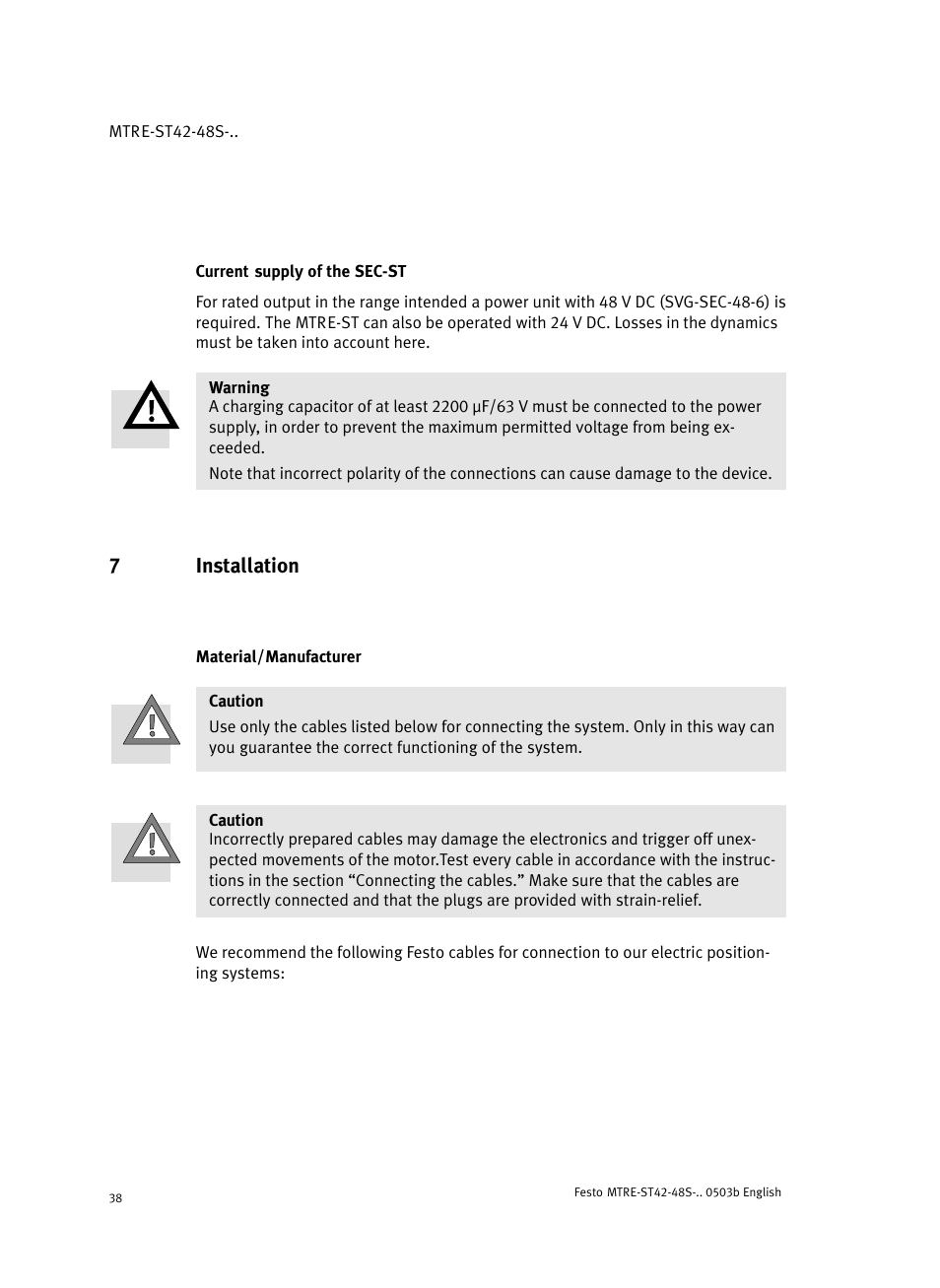 Current supply of the sec-st, 7 installation, Material/manufacturer | 7installation | Festo Шаговые моторы MTRE-ST User Manual | Page 38 / 140