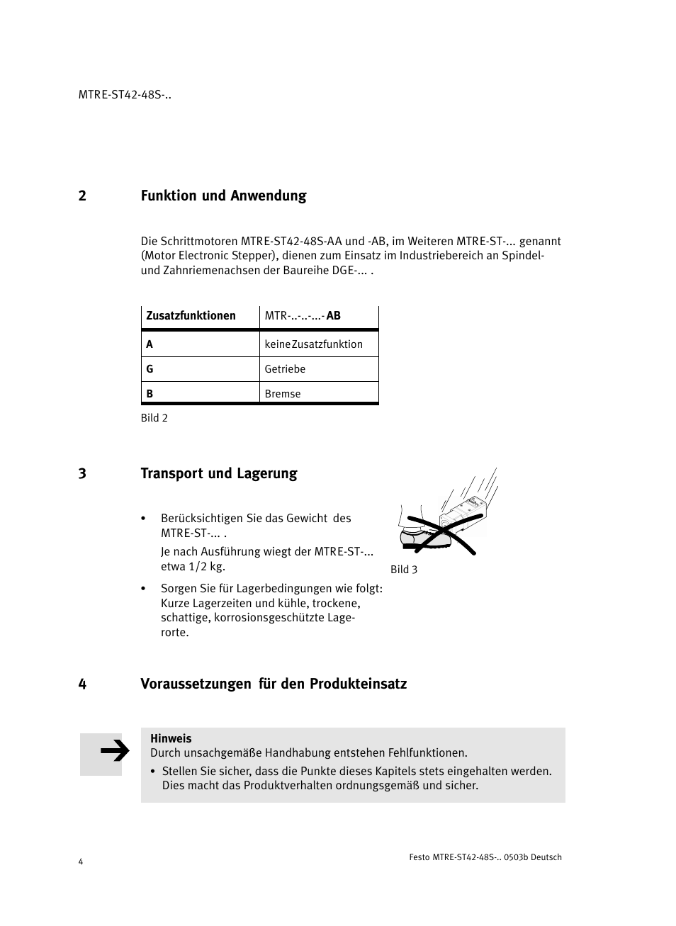 2 funktion und anwendung, 3 transport und lagerung, 4 voraussetzungen für den produkteinsatz | 2funktion und anwendung, 3transport und lagerung, 4voraussetzungen für den produkteinsatz | Festo Шаговые моторы MTRE-ST User Manual | Page 4 / 140