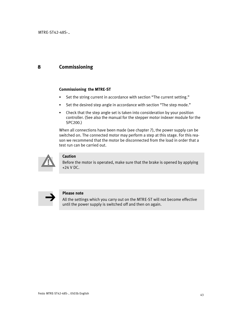 8 commissioning, Commissioning the mtre-st, 8commissioning | Festo Шаговые моторы MTRE-ST User Manual | Page 43 / 140
