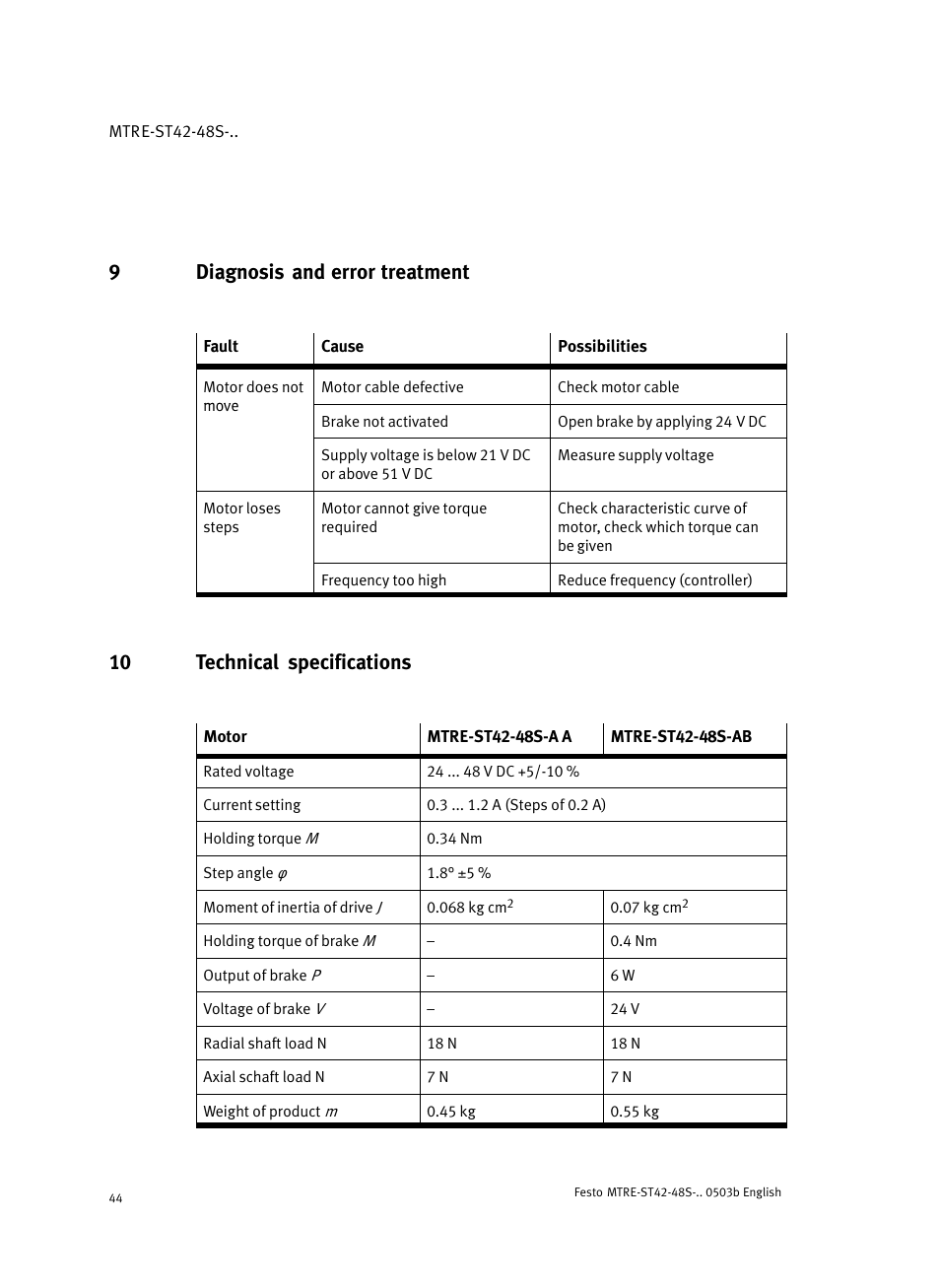 9 diagnosis and error treatment, 10 technical specifications, 9diagnosis and error treatment | Festo Шаговые моторы MTRE-ST User Manual | Page 44 / 140