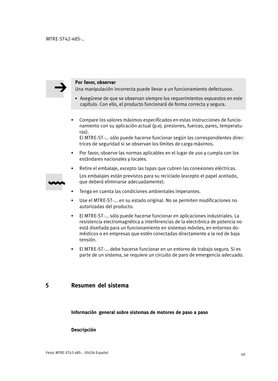 5 resumen del sistema, Descripción, 5resumen del sistema | Festo Шаговые моторы MTRE-ST User Manual | Page 49 / 140