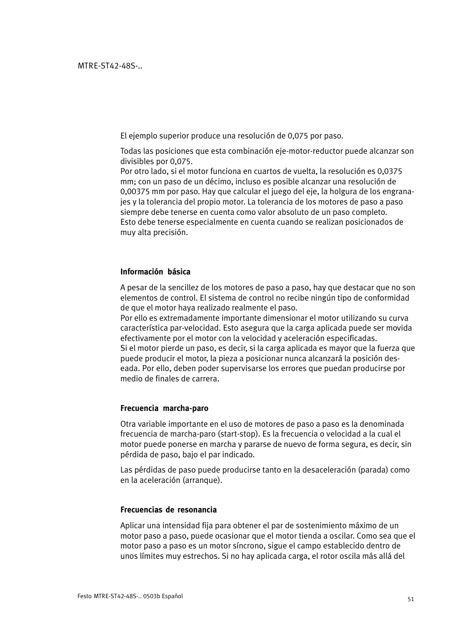 Información básica, Frecuencia marcha-paro, Frecuencias de resonancia | Festo Шаговые моторы MTRE-ST User Manual | Page 51 / 140