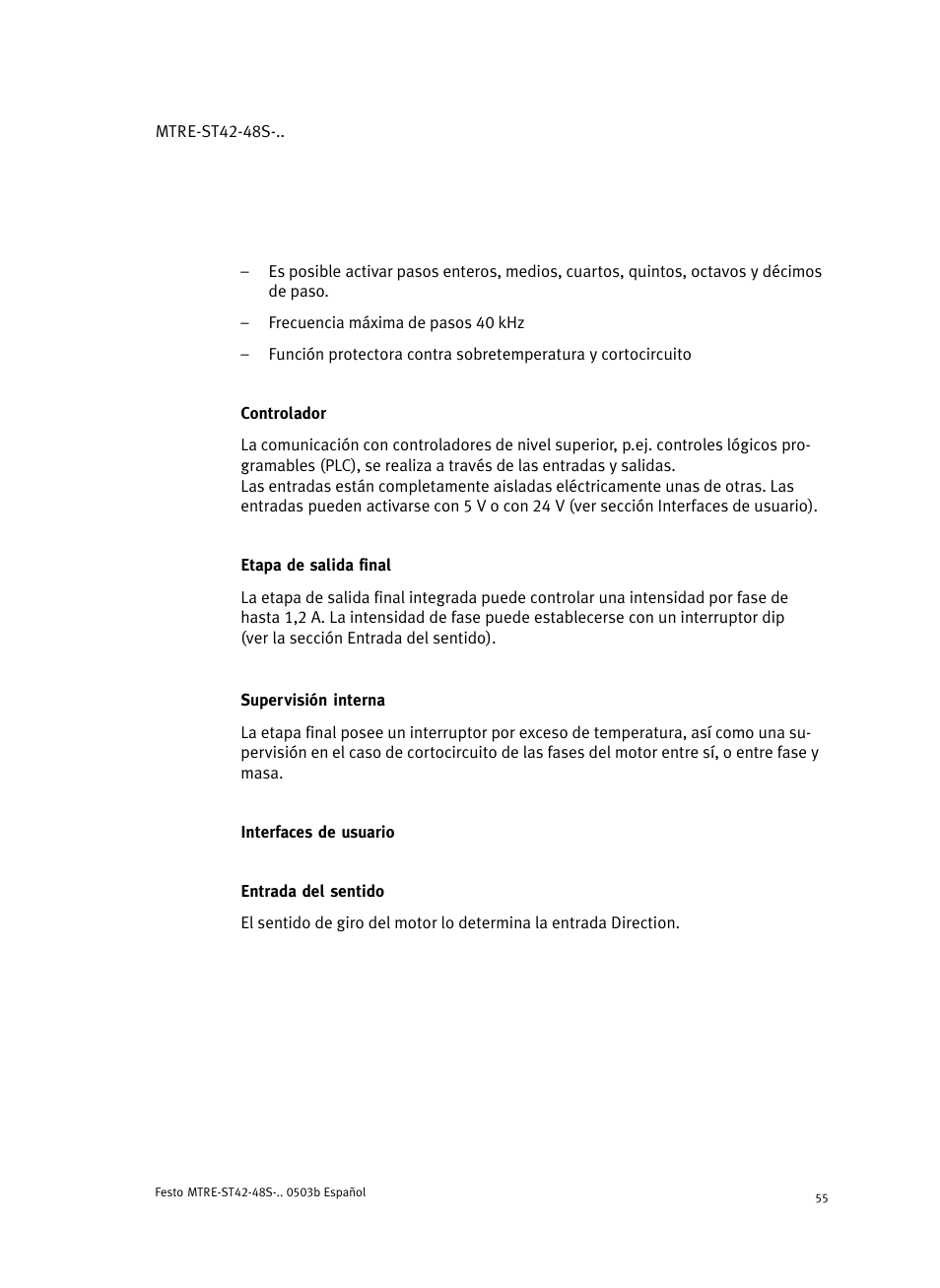 Controlador, Etapa de salida final, Supervisión interna | Interfaces de usuario, Entrada del sentido | Festo Шаговые моторы MTRE-ST User Manual | Page 55 / 140