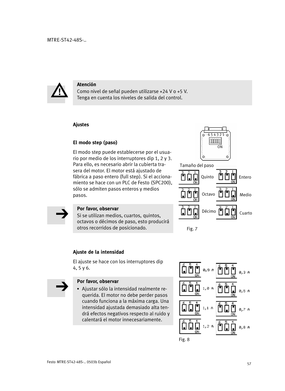 Ajustes, El modo step (paso), Ajuste de la intensidad | Festo Шаговые моторы MTRE-ST User Manual | Page 57 / 140