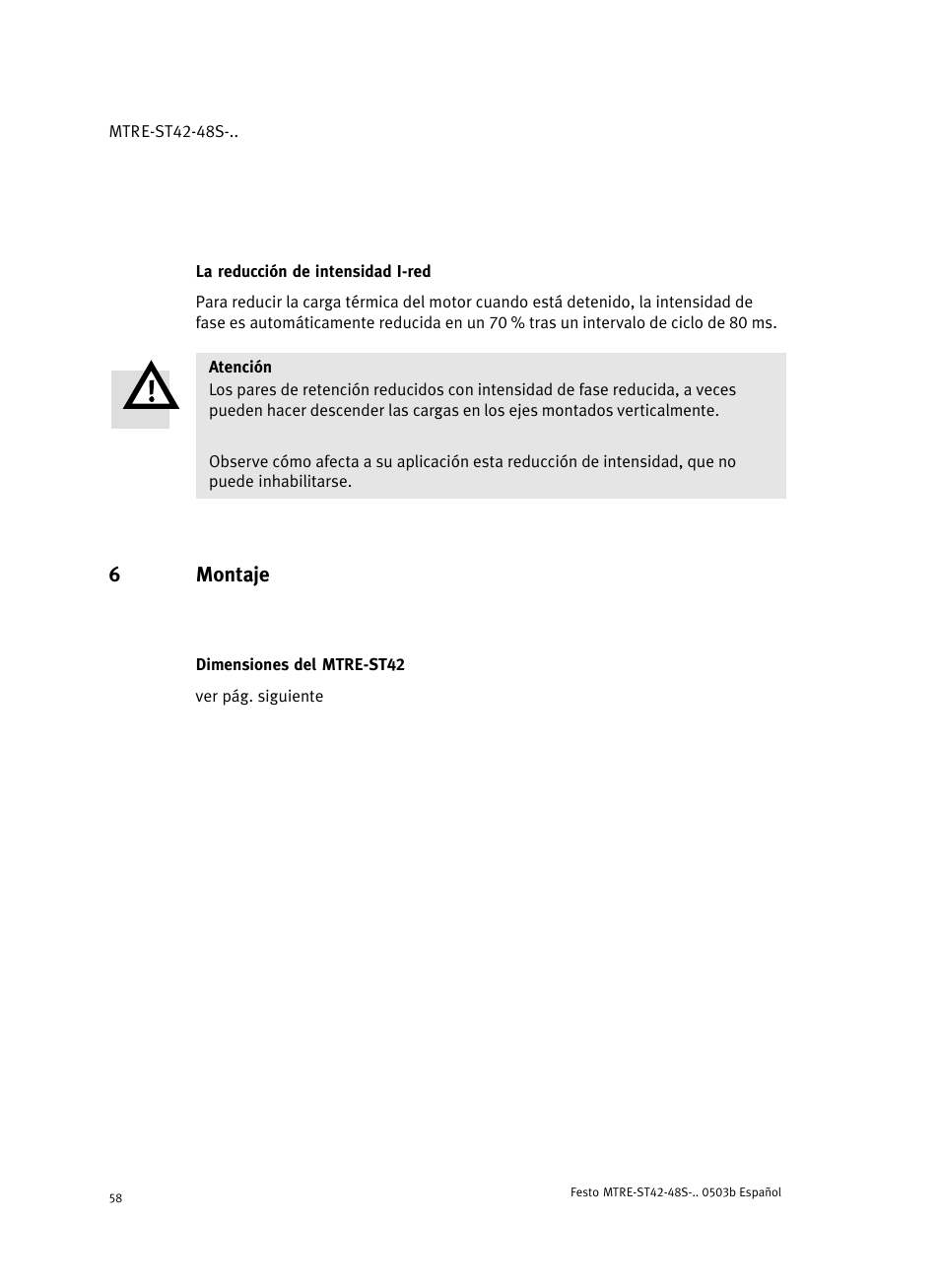 La reducción de intensidad i-red, 6 montaje, Dimensiones del mtre-st42 | 6montaje | Festo Шаговые моторы MTRE-ST User Manual | Page 58 / 140