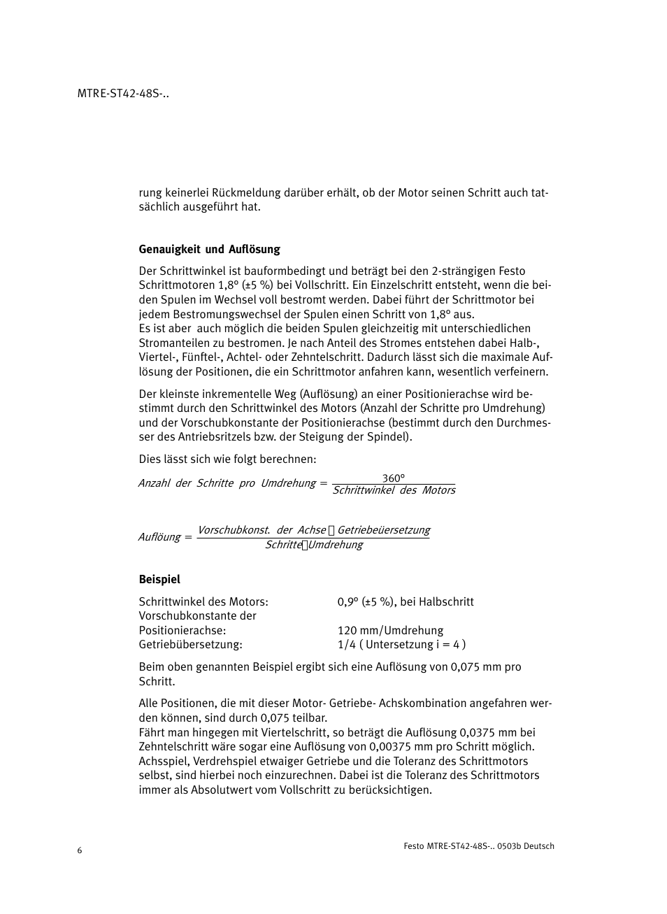 Genauigkeit und auflösung, Beispiel | Festo Шаговые моторы MTRE-ST User Manual | Page 6 / 140