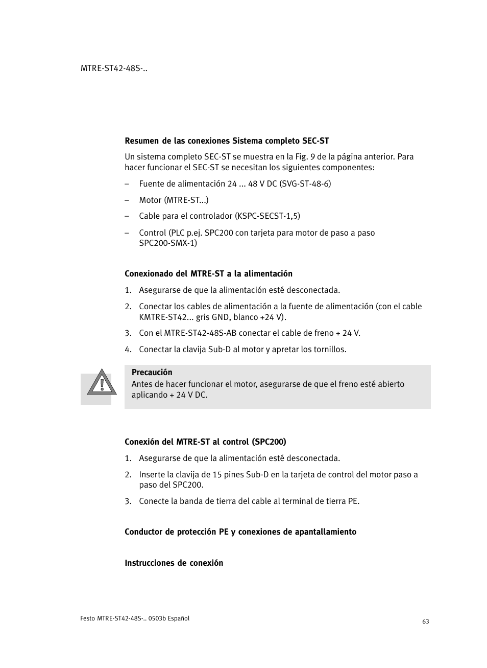Resumen de las conexiones sistema completo sec-st, Conexionado del mtre-st a la alimentación, Conexión del mtre-st al control (spc200) | Instrucciones de conexión | Festo Шаговые моторы MTRE-ST User Manual | Page 63 / 140