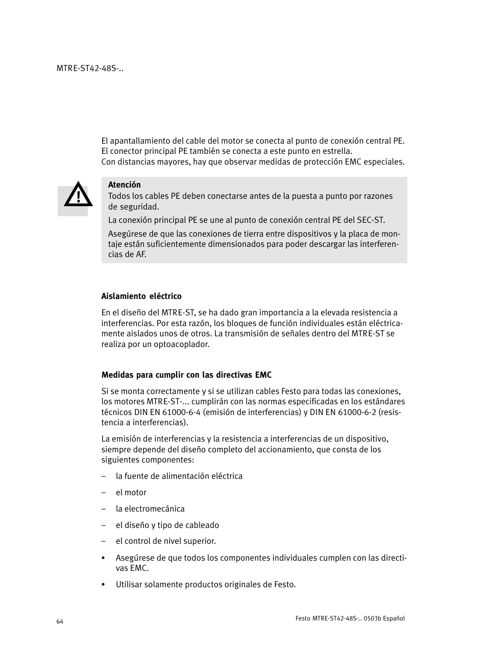 Aislamiento eléctrico, Medidas para cumplir con las directivas emc | Festo Шаговые моторы MTRE-ST User Manual | Page 64 / 140