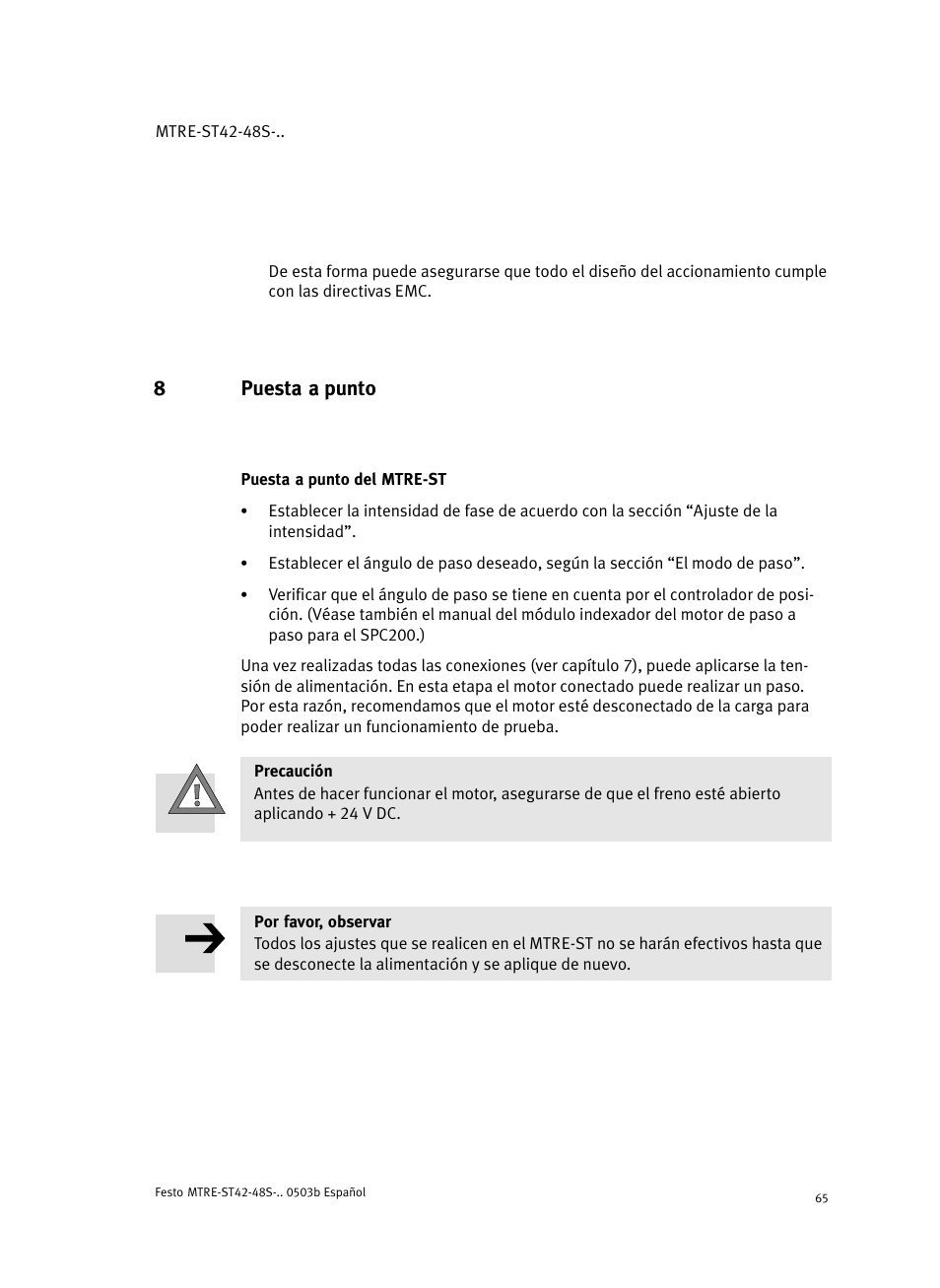 8 puesta a punto, Puesta a punto del mtre-st, 8puesta a punto | Festo Шаговые моторы MTRE-ST User Manual | Page 65 / 140