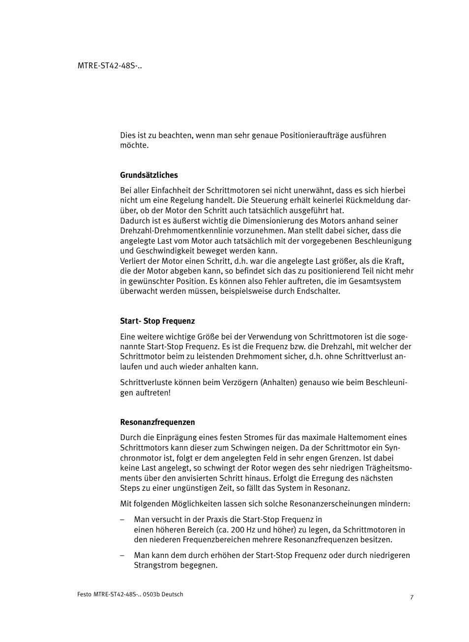 Grundsätzliches, Start- stop frequenz, Resonanzfrequenzen | Festo Шаговые моторы MTRE-ST User Manual | Page 7 / 140