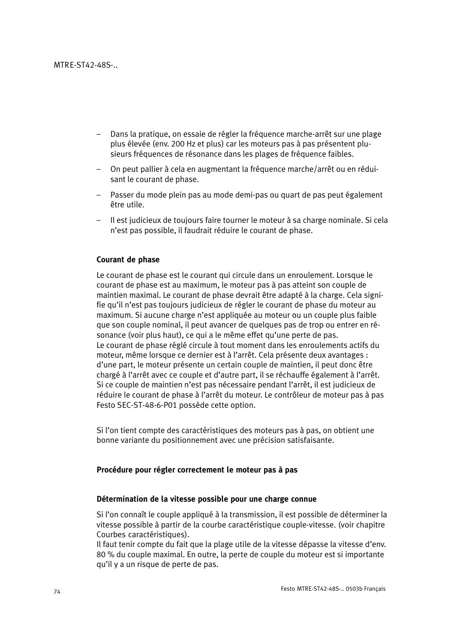 Courant de phase | Festo Шаговые моторы MTRE-ST User Manual | Page 74 / 140