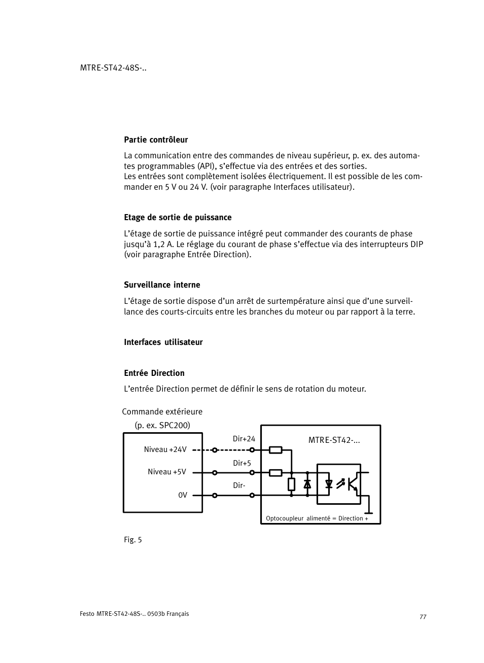 Partie contrôleur, Etage de sortie de puissance, Surveillance interne | Interfaces utilisateur, Entrée direction | Festo Шаговые моторы MTRE-ST User Manual | Page 77 / 140
