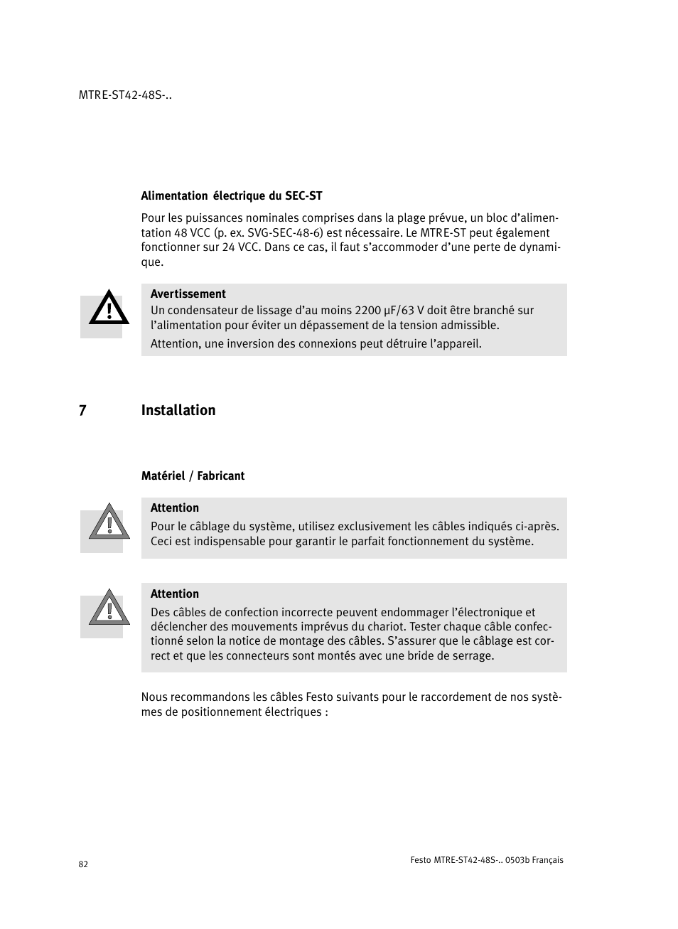 Alimentation électrique du sec-st, 7 installation, Matériel / fabricant | 7installation | Festo Шаговые моторы MTRE-ST User Manual | Page 82 / 140
