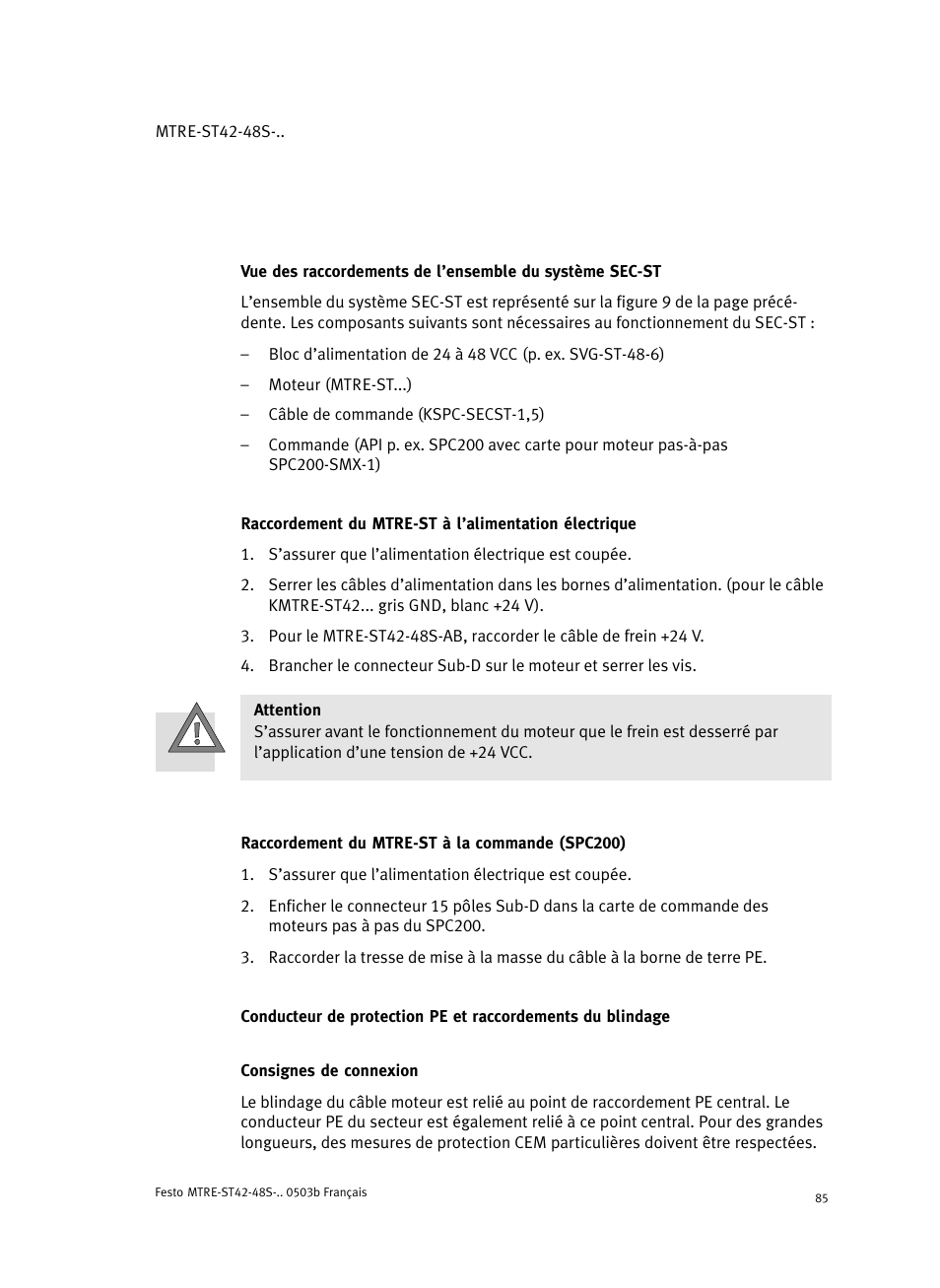 Raccordement du mtre-st à la commande (spc200), Consignes de connexion | Festo Шаговые моторы MTRE-ST User Manual | Page 85 / 140