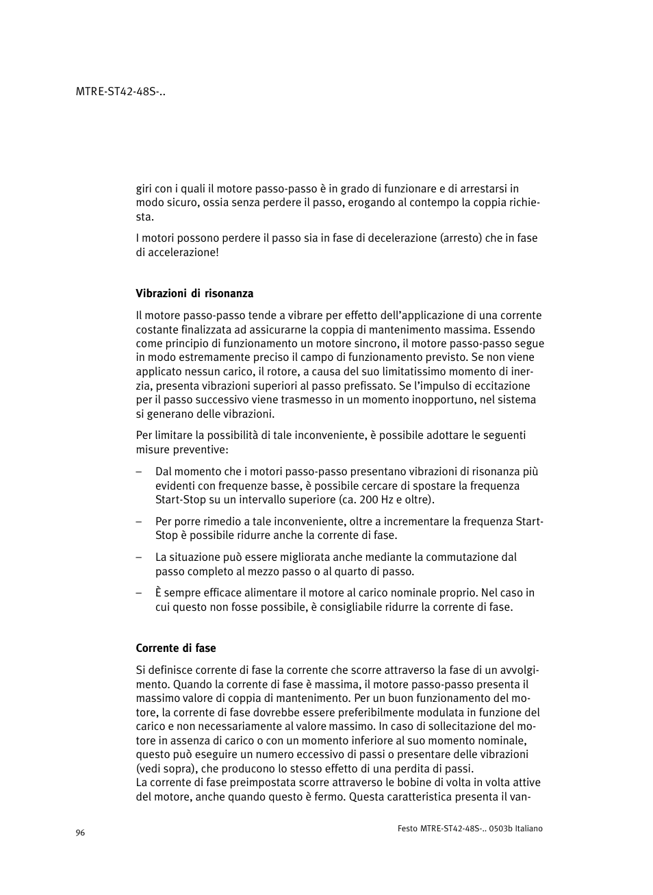 Vibrazioni di risonanza, Corrente di fase | Festo Шаговые моторы MTRE-ST User Manual | Page 96 / 140