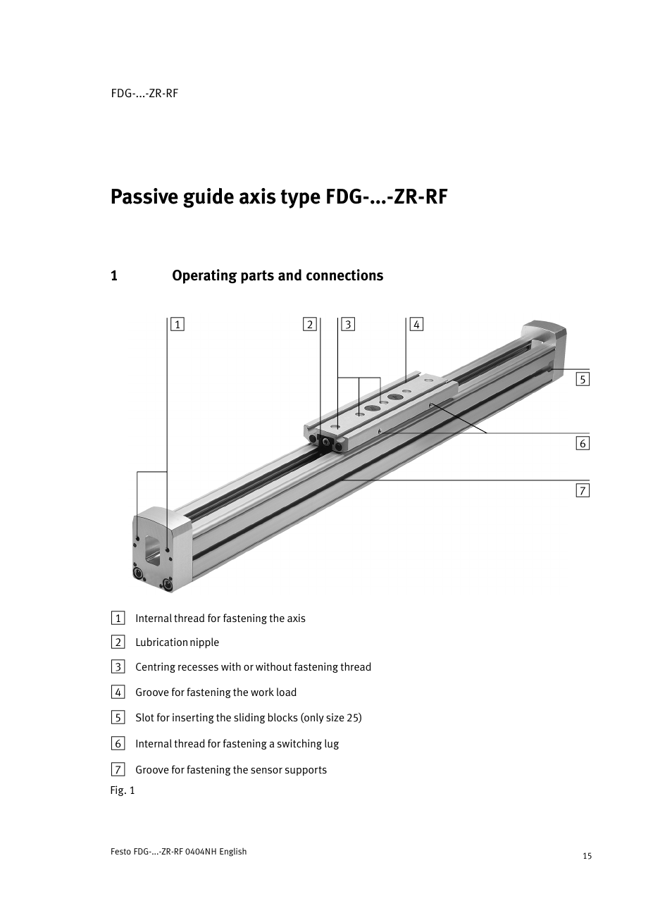 1 operating parts and connections, Passive guide axis type fdg−...−zr−rf english | Festo Пассивные нправляющиеFDG-ZR-RF User Manual | Page 15 / 76