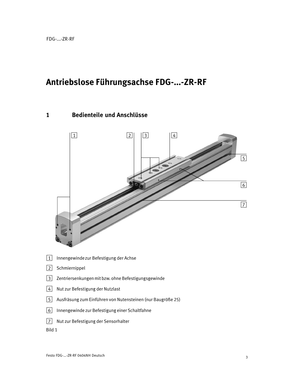 1 bedienteile und anschlüsse, Antriebslose führungsachse fdg−...−zr−rf deutsch | Festo Пассивные нправляющиеFDG-ZR-RF User Manual | Page 3 / 76