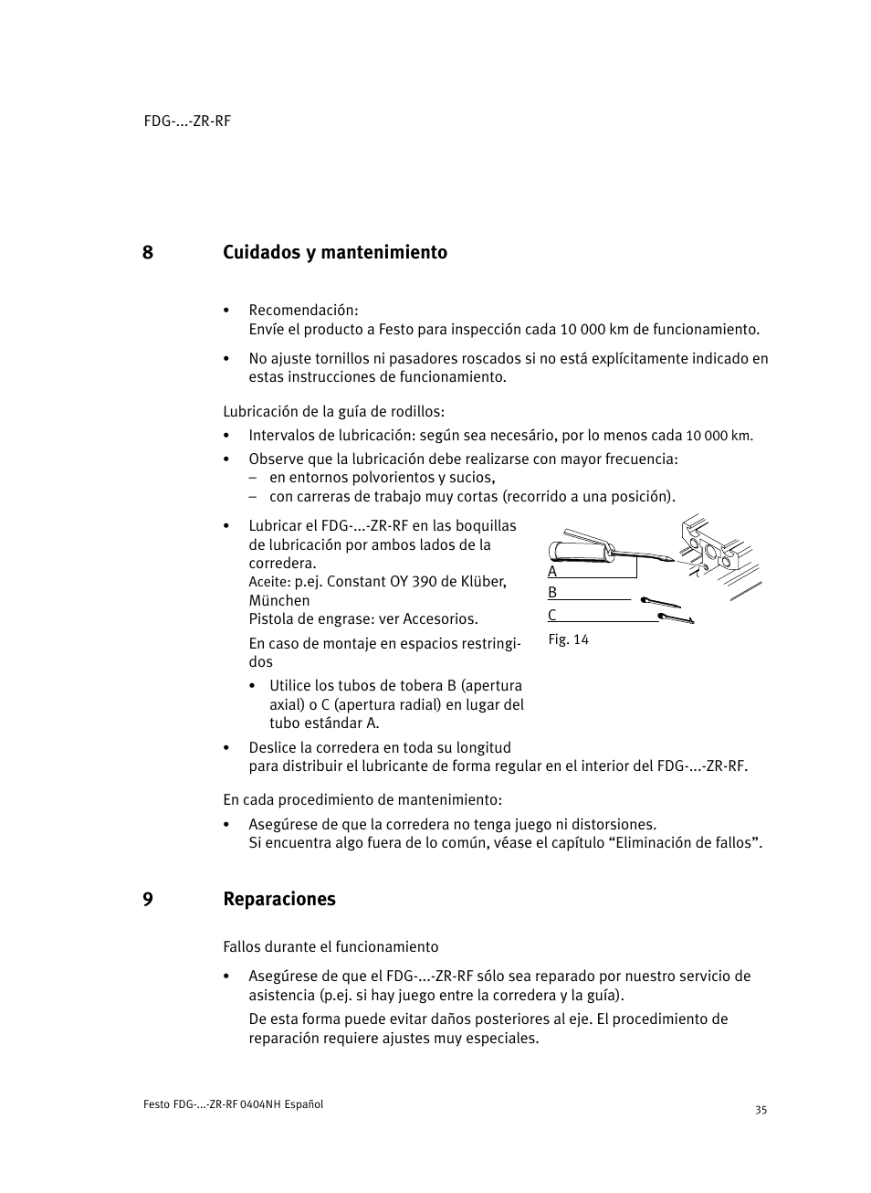 8 cuidados y mantenimiento, 9 reparaciones, 8cuidados y mantenimiento | 9reparaciones | Festo Пассивные нправляющиеFDG-ZR-RF User Manual | Page 35 / 76