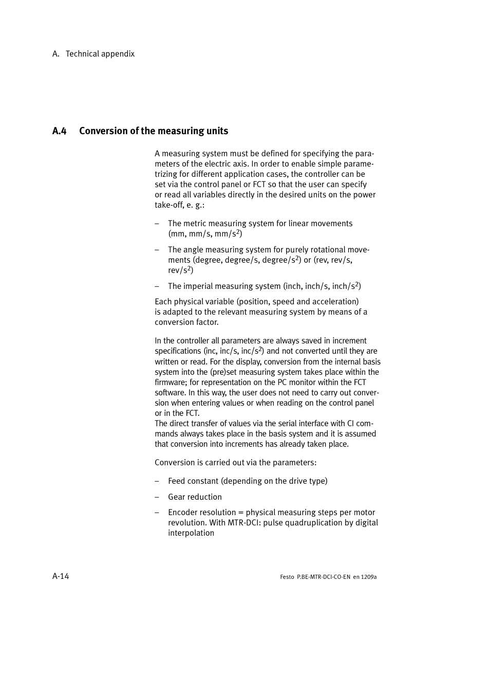 A.4 conversion of the measuring units | Festo Электромотор MTR-DCI User Manual | Page 214 / 352
