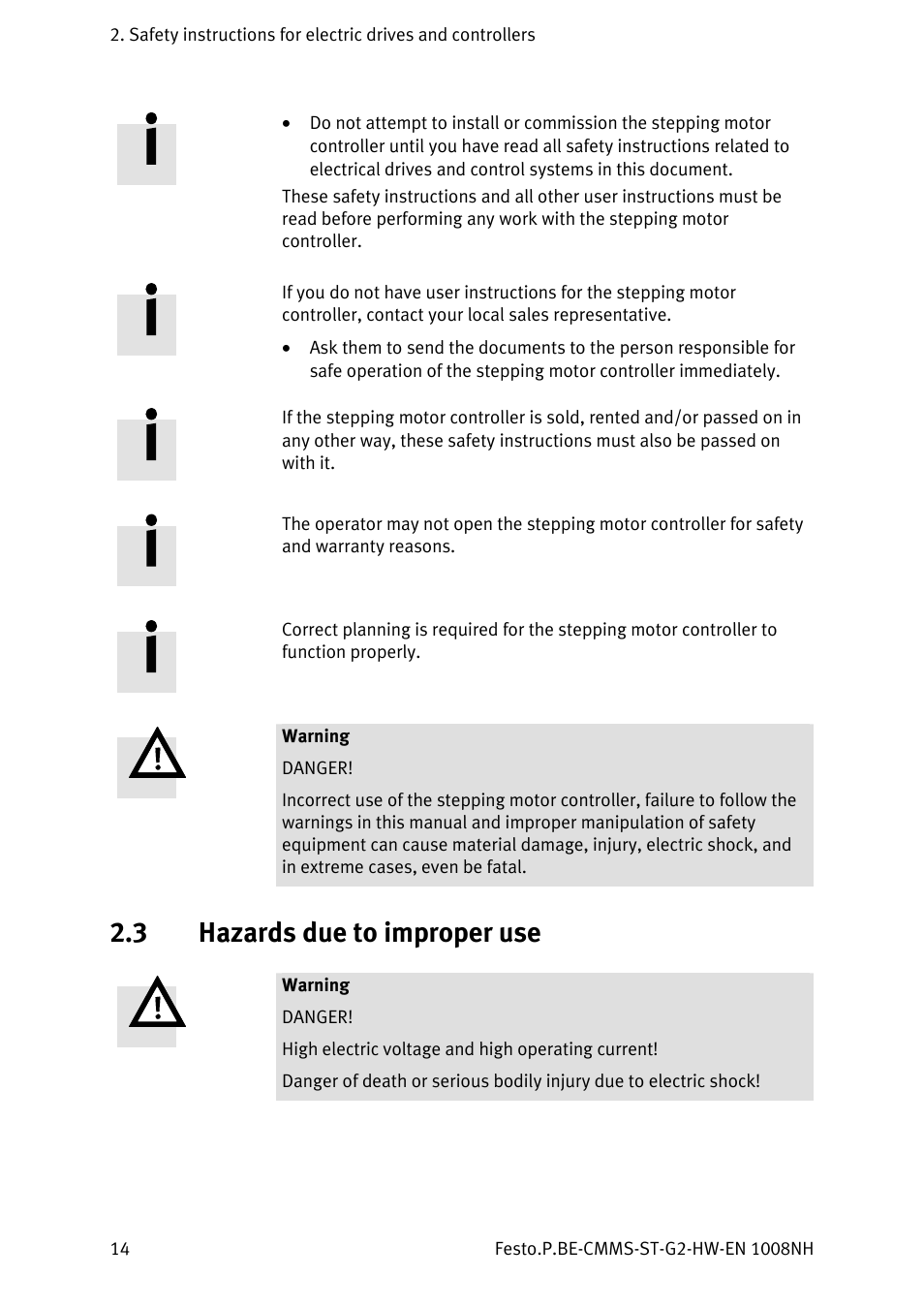 3 hazards due to improper use, Hazards due to improper use | Festo Контроллеры двигателя CMMS-ST User Manual | Page 14 / 136