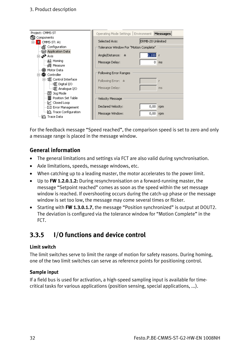 General information, 5 i/o functions and device control, Limit switch | Sample input, I/o functions and device control | Festo Контроллеры двигателя CMMS-ST User Manual | Page 32 / 136