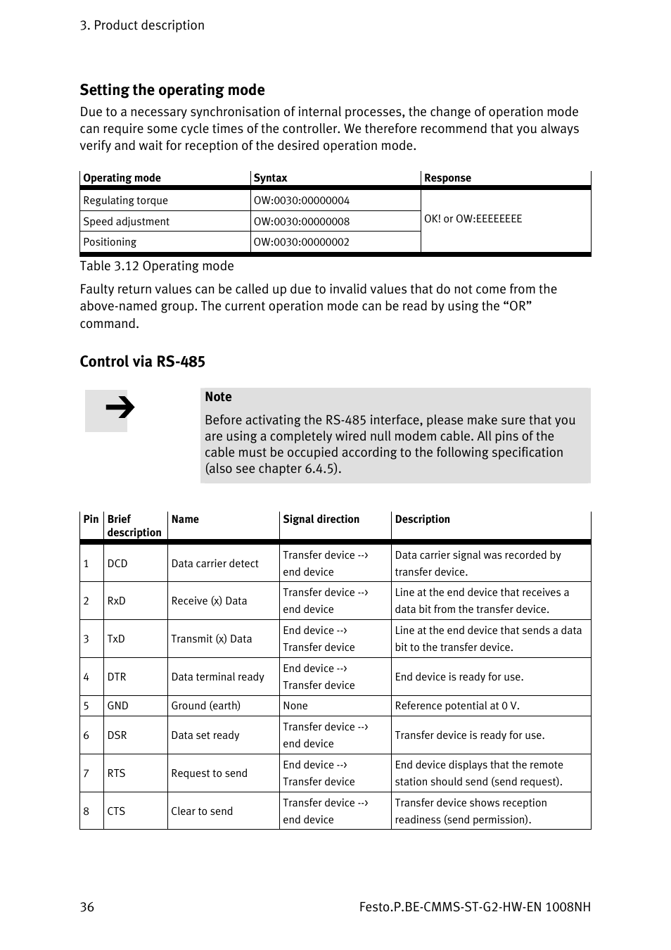 Setting the operating mode, Control via rs-485 | Festo Контроллеры двигателя CMMS-ST User Manual | Page 36 / 136
