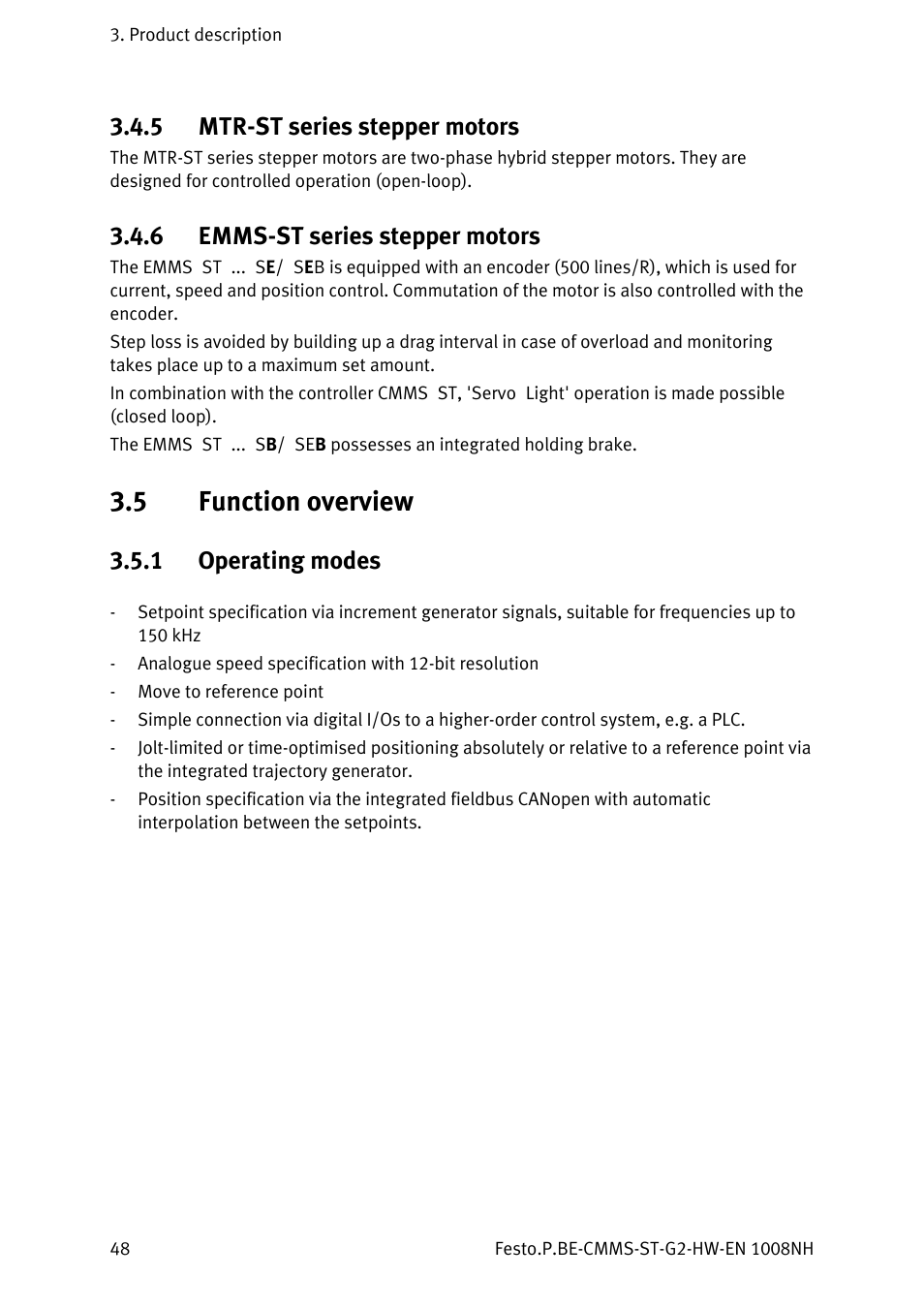 5 mtr-st series stepper motors, 6 emms-st series stepper motors, 5 function overview | 1 operating modes, Mtr-st series stepper motors, Emms-st series stepper motors, Function overview 3.5.1, Operating modes | Festo Контроллеры двигателя CMMS-ST User Manual | Page 48 / 136