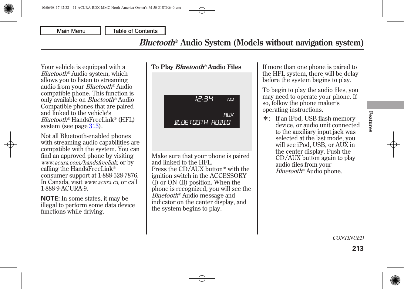 Bluetooth, Audio system (models without navigation system), 2011 rdx | Acura 2011 RDX User Manual | Page 217 / 514