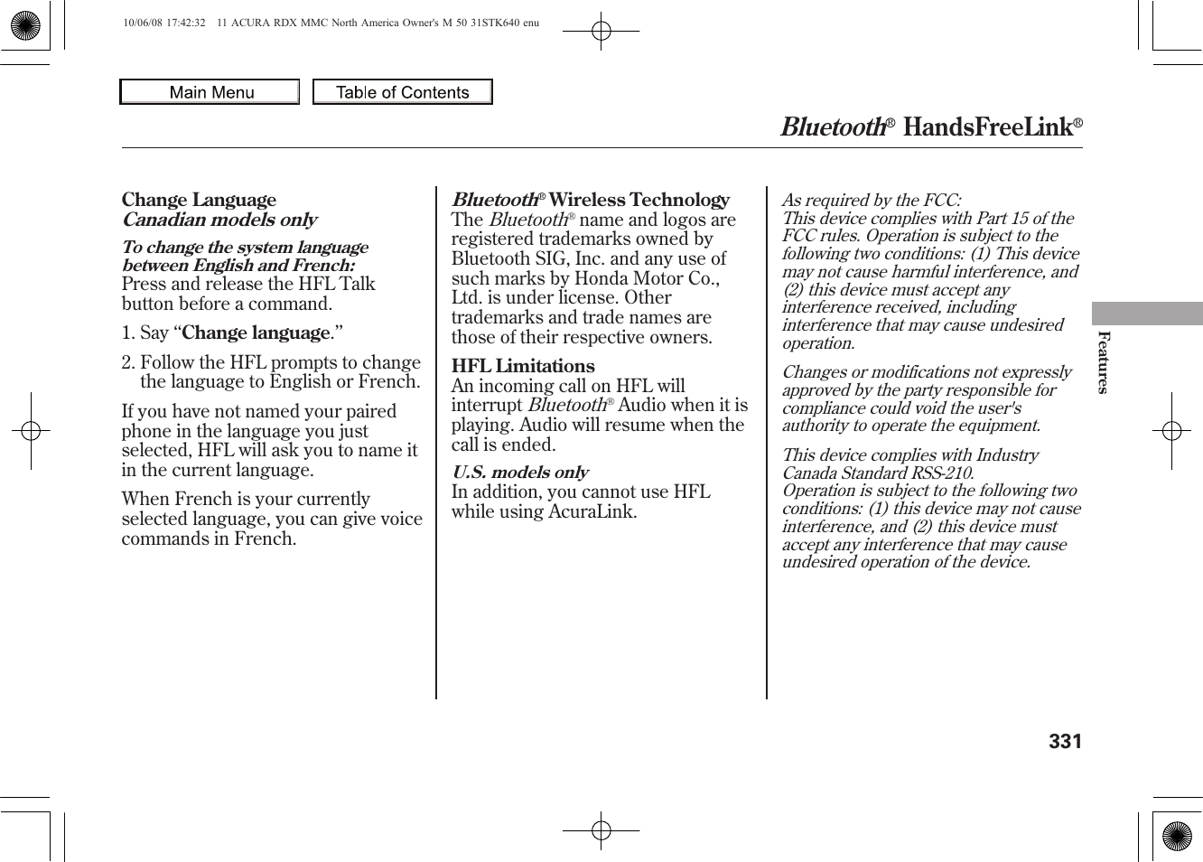 Bluetooth, Handsfreelink, 2011 rdx | Acura 2011 RDX User Manual | Page 335 / 514