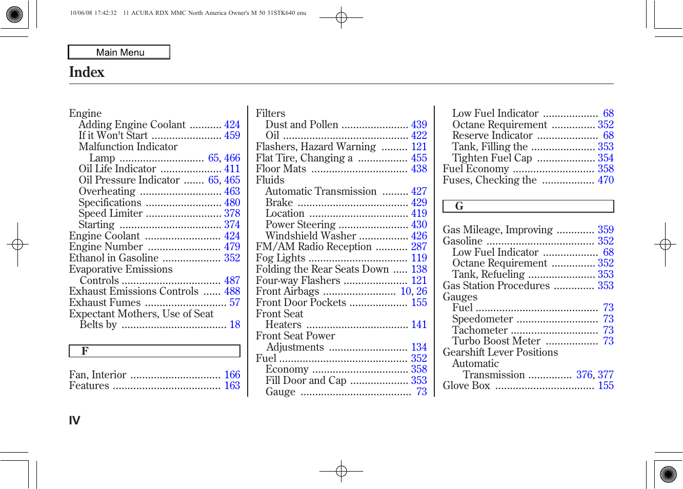 Index | Acura 2011 RDX User Manual | Page 505 / 514