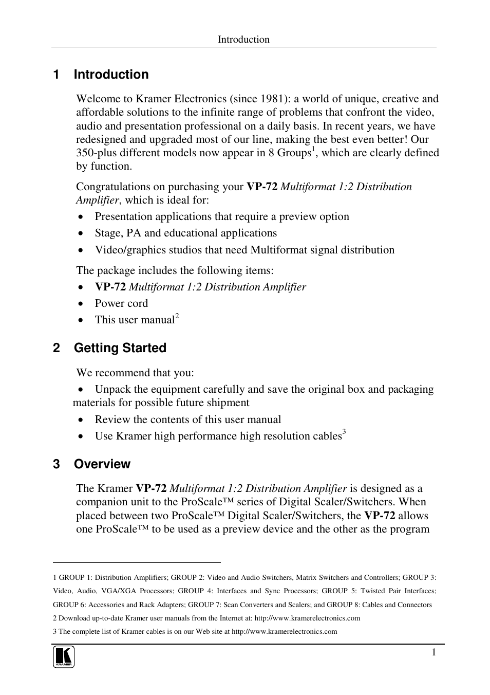 1 introduction, 2 getting started, 3 overview | Kramer Electronics VP-72 User Manual | Page 3 / 12