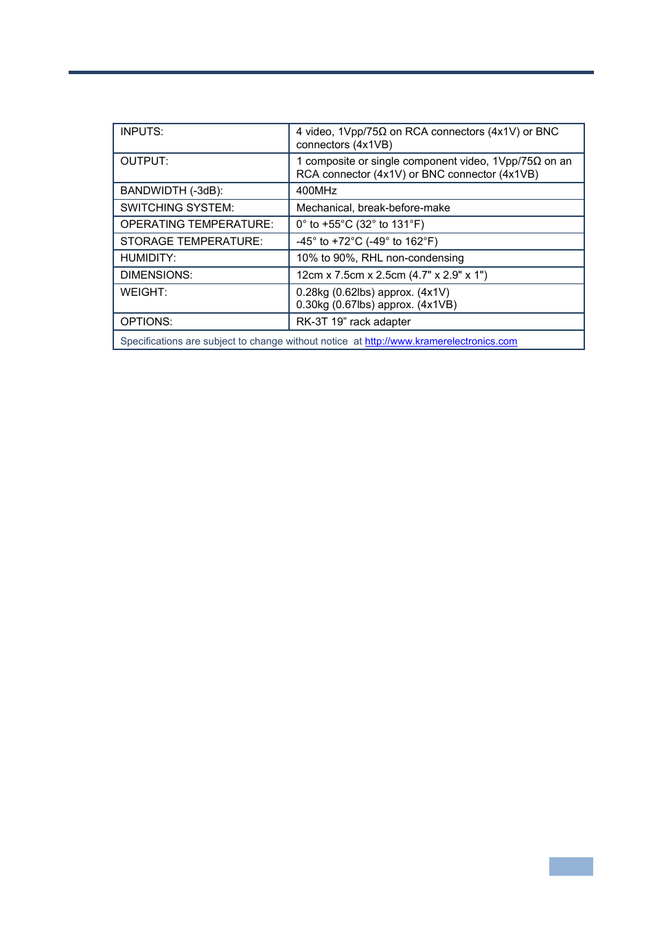 5 technical specifications, Technical specifications | Kramer Electronics 4x1VB User Manual | Page 10 / 12