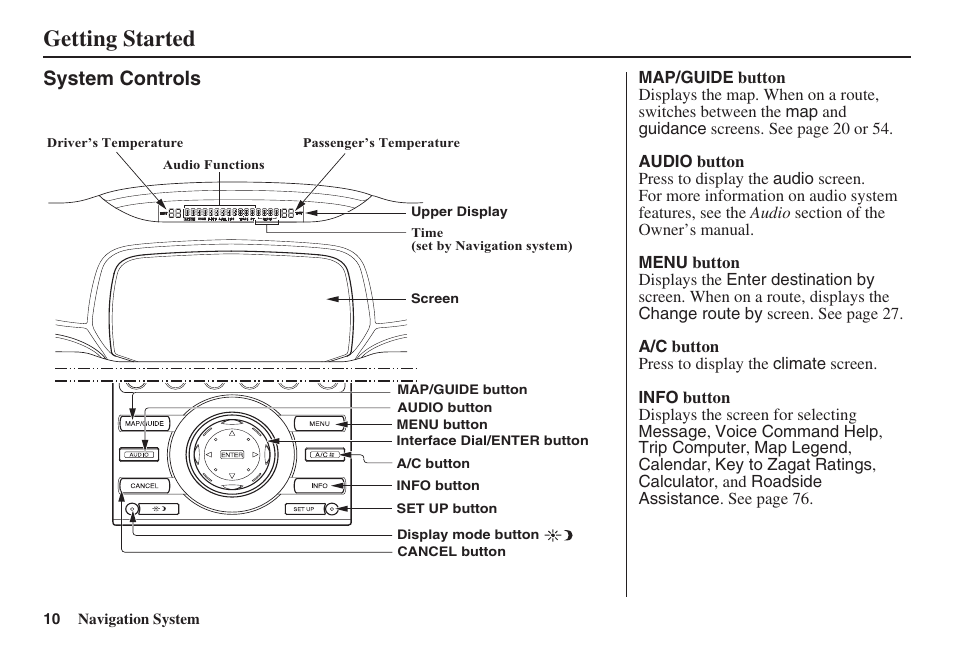 Getting started, System controls | Acura 2008 RL 00X31 SJA 8100 User Manual | Page 11 / 163