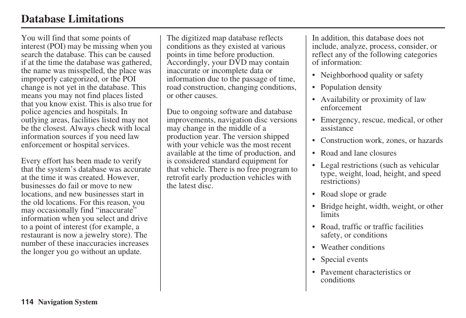 Database limitations | Acura 2008 RL 00X31 SJA 8100 User Manual | Page 115 / 163