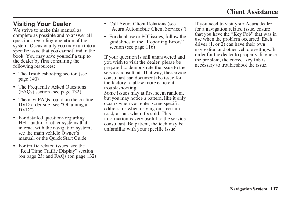 Client assistance | Acura 2008 RL 00X31 SJA 8100 User Manual | Page 118 / 163