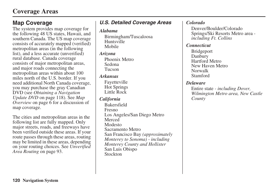 Coverage areas | Acura 2008 RL 00X31 SJA 8100 User Manual | Page 121 / 163