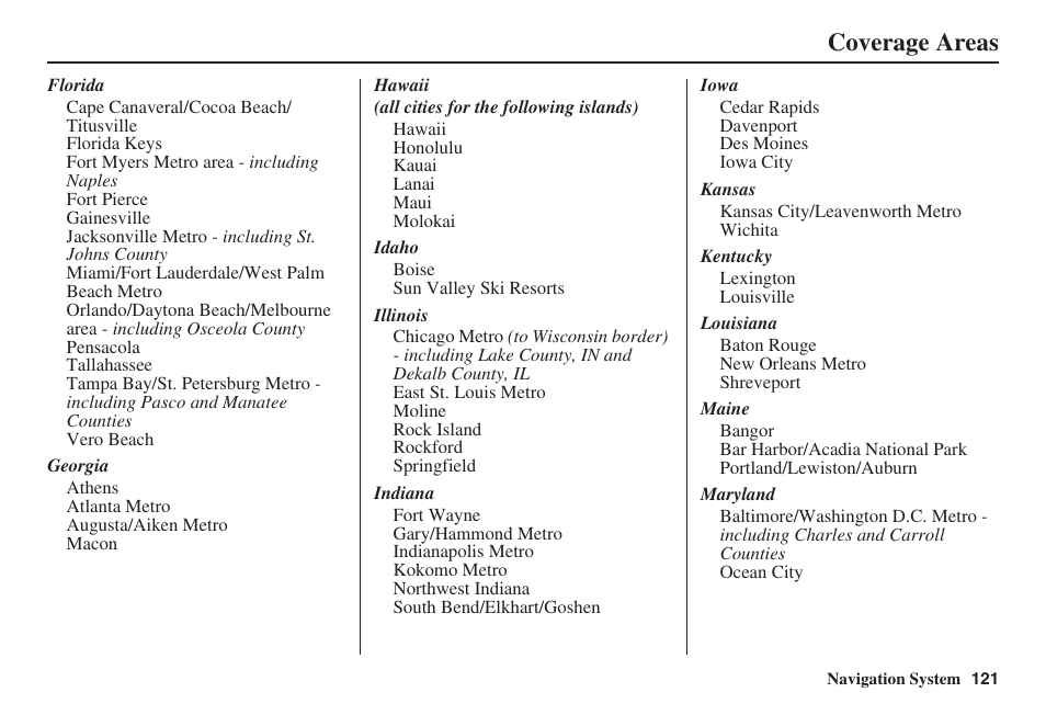 Coverage areas | Acura 2008 RL 00X31 SJA 8100 User Manual | Page 122 / 163